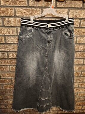 STYLE J Gray Denim Maxi Skirt with Striped Waistband Size 16
